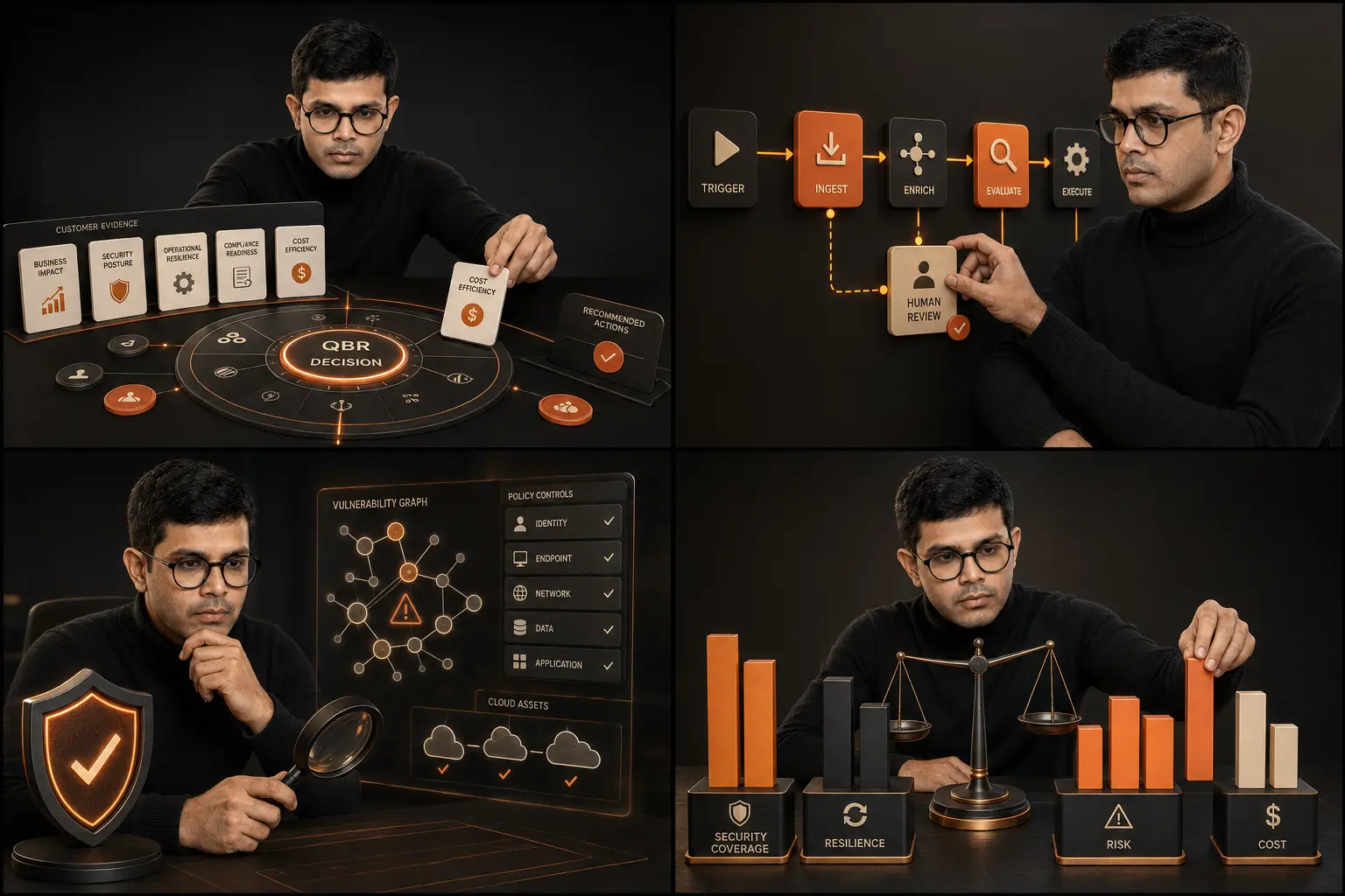 Portrait-referenced 3D Niladri across QBR, workflow, security and cost workspaces