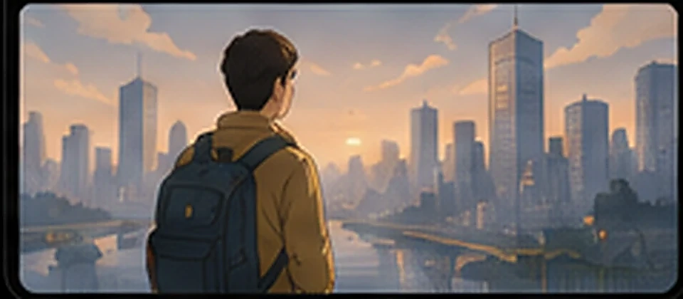 Animated illustration of a professional exploring career opportunities in a city
